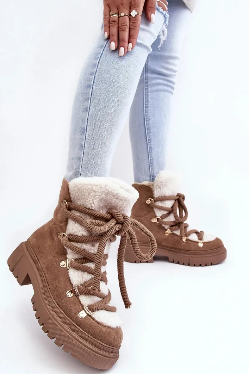 Śniegowce Damskie>Boto Trapery Śniegowce Damskie Z Wiązaniem Beżowe Shala