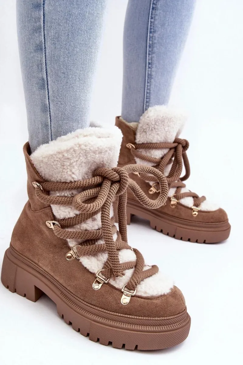 Śniegowce Damskie>Boto Trapery Śniegowce Damskie Z Wiązaniem Beżowe Shala