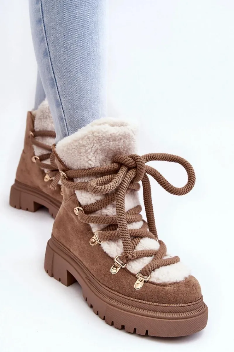 Śniegowce Damskie>Boto Trapery Śniegowce Damskie Z Wiązaniem Beżowe Shala