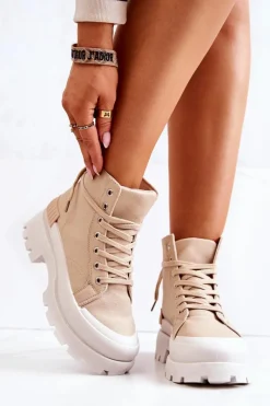 Online Trapery Wiązane Ciemnobeżowe Faithfull Damskie Damskie Trapery|Botki Sznurowane