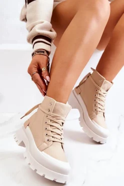 Online Trapery Wiązane Ciemnobeżowe Faithfull Damskie Damskie Trapery|Botki Sznurowane