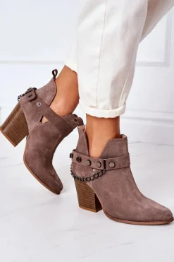 Online Welurowe Botki Na Słupku Lewski Shoes 2880 Brązowe Damskie Botki Wiosenne|Botki Na Słupku