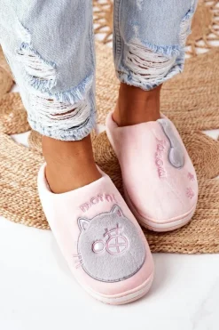 Sale Boto Welurowe Papcie Z Kotem Różowo-Szare Good Morning