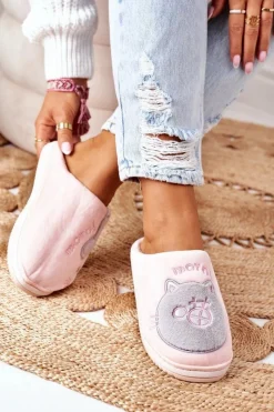 Sale Boto Welurowe Papcie Z Kotem Różowo-Szare Good Morning