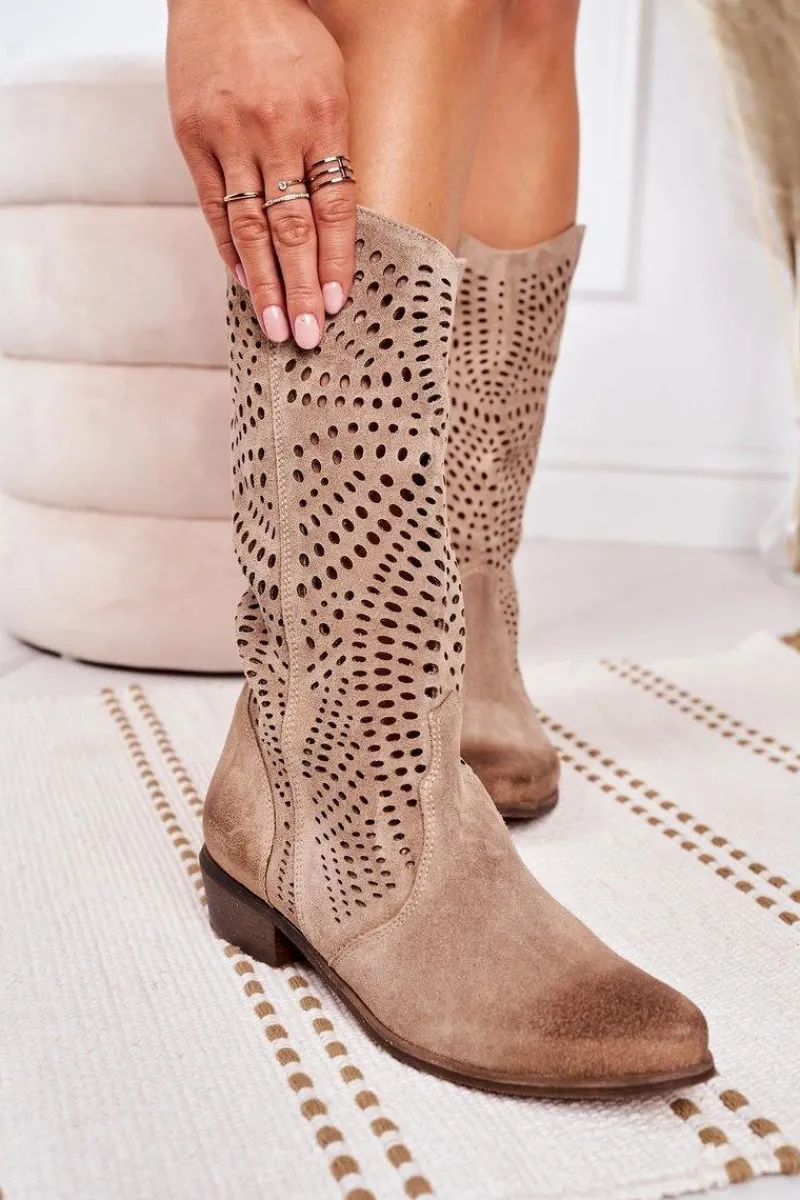 Kozaki Ażurowe|Kozaki Zamszowe>Boto Wiosenne Ażurowe Kozaki Zamszowe Exquisite 1229 Beżowe