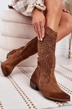 New Wiosenne Ażurowe Kozaki Zamszowe Exquisite 1229 Koniak Damskie Kozaki Ażurowe|Kozaki Zamszowe