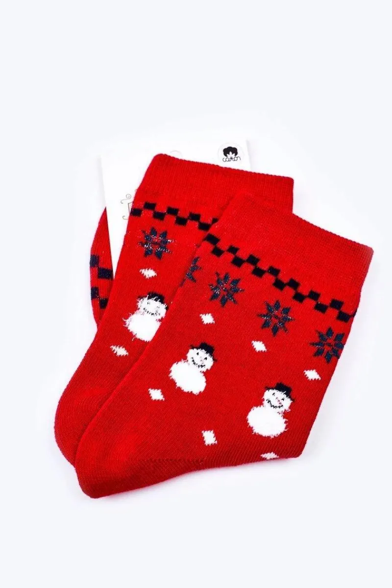 Boto Świąteczne Bawełniane Skarpetki We Wzory Z Bałwanem Czerwone