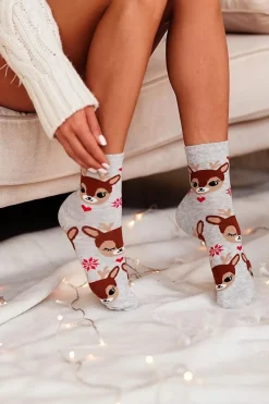 Clearance Świąteczne Damskie Skarpetki Renifery Szare Skarpetki|Skarpetki