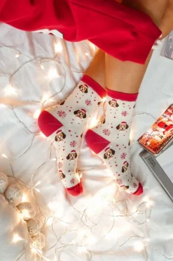 Świąteczne Damskie Skarpetki Pieski W Czapce Mikołaja Beżowe Skarpetki|Skarpetki