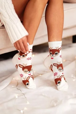 Outlet Świąteczne Damskie Skarpetki Renifery Ecru Skarpetki|Skarpetki