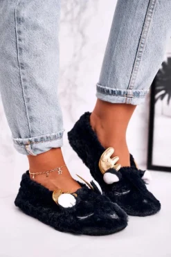 Outlet Boto Świąteczne Ocieplane Futrzane Papcie Granatowe Jingle Bells