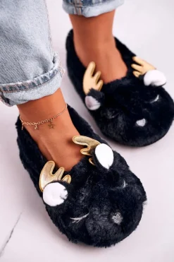 Outlet Boto Świąteczne Ocieplane Futrzane Papcie Granatowe Jingle Bells