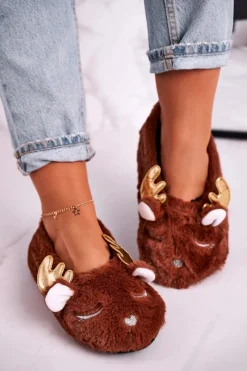 Sale Świąteczne Ocieplane Futrzane Papcie Brązowe Jingle Bells Damskie Kapcie Klasyczne