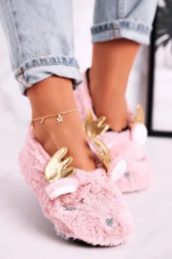 Sale Świąteczne Ocieplane Futrzane Papcie Różowe Jingle Bells Damskie Kapcie Klasyczne