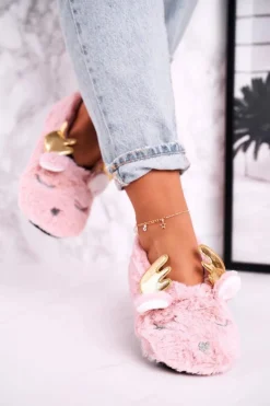 Sale Świąteczne Ocieplane Futrzane Papcie Różowe Jingle Bells Damskie Kapcie Klasyczne