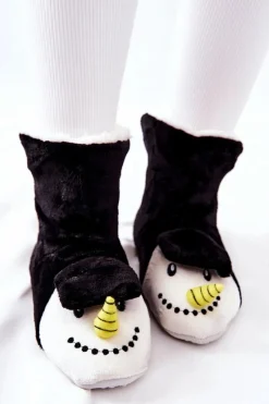 Clearance Świąteczne Papcie Ocieplane Bałwan Czarne Damskie Kapcie Klasyczne