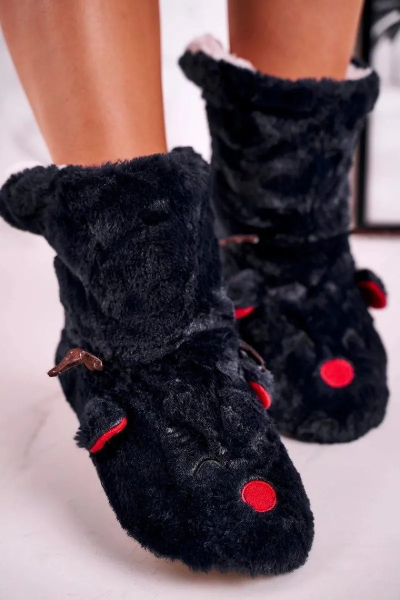 Outlet Świąteczne Papcie Z Reniferem Ocieplone Kożuszkiem Czarne Rudolph Damskie Kapcie Klasyczne