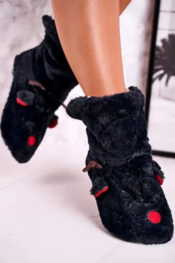 Outlet Świąteczne Papcie Z Reniferem Ocieplone Kożuszkiem Czarne Rudolph Damskie Kapcie Klasyczne