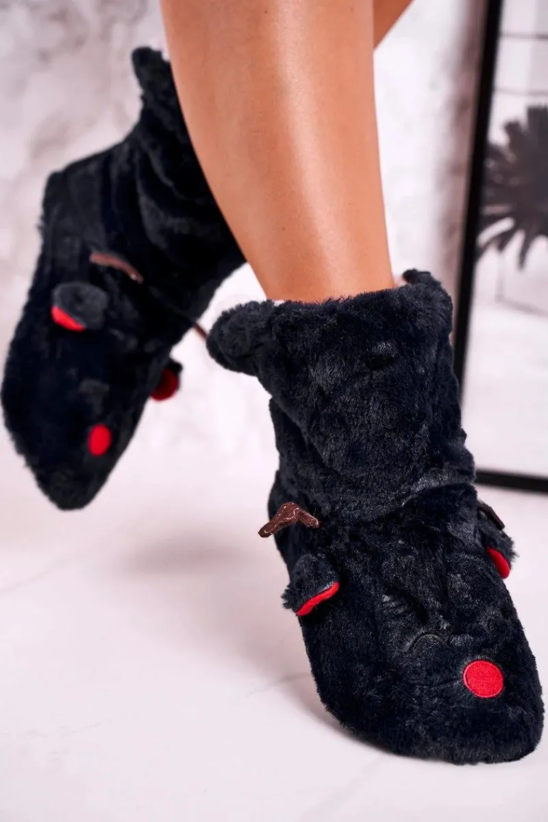 Outlet Świąteczne Papcie Z Reniferem Ocieplone Kożuszkiem Czarne Rudolph Damskie Kapcie Klasyczne