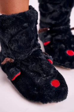 Outlet Świąteczne Papcie Z Reniferem Ocieplone Kożuszkiem Czarne Rudolph Damskie Kapcie Klasyczne