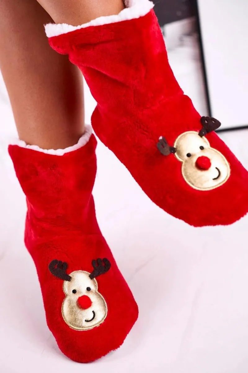 Outlet Świąteczne Papcie Z Reniferem Ocieplone Kożuszkiem Holly Damskie Kapcie Klasyczne