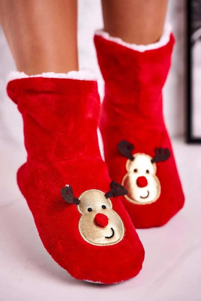 Outlet Świąteczne Papcie Z Reniferem Ocieplone Kożuszkiem Holly Damskie Kapcie Klasyczne
