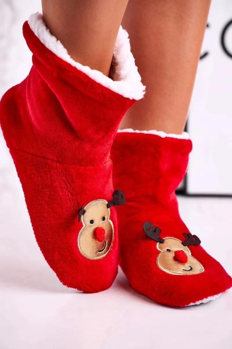 Outlet Świąteczne Papcie Z Reniferem Ocieplone Kożuszkiem Holly Damskie Kapcie Klasyczne