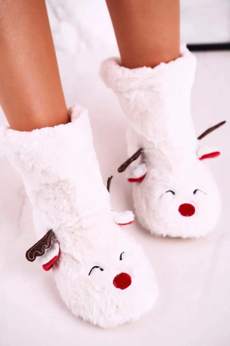 Online Świąteczne Papcie Z Reniferem Ocieplone Kożuszkiem Białe Rudolph Damskie Kapcie Klasyczne
