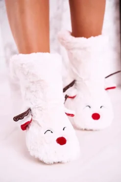 Online Świąteczne Papcie Z Reniferem Ocieplone Kożuszkiem Białe Rudolph Damskie Kapcie Klasyczne