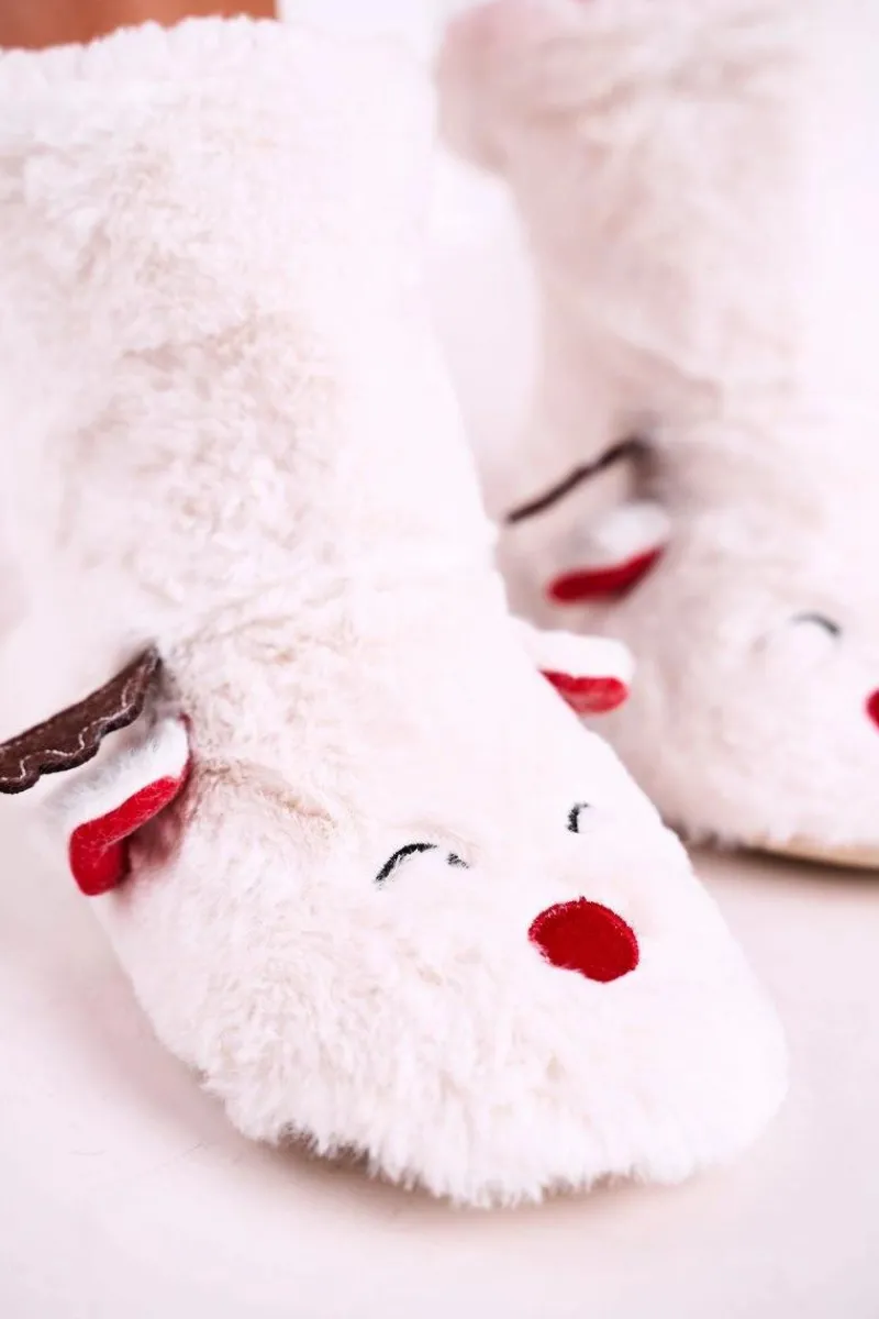 Online Świąteczne Papcie Z Reniferem Ocieplone Kożuszkiem Białe Rudolph Damskie Kapcie Klasyczne