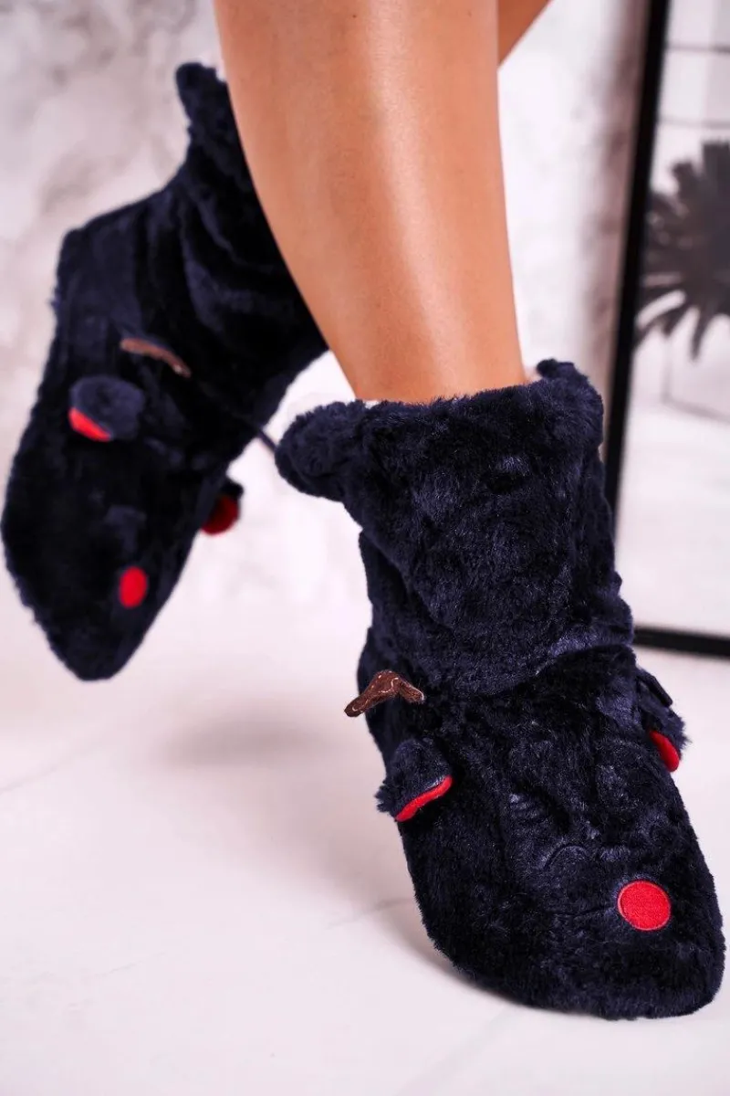 New Świąteczne Papcie Z Reniferem Ocieplone Kożuszkiem Granatowe Rudolph Damskie Kapcie Klasyczne