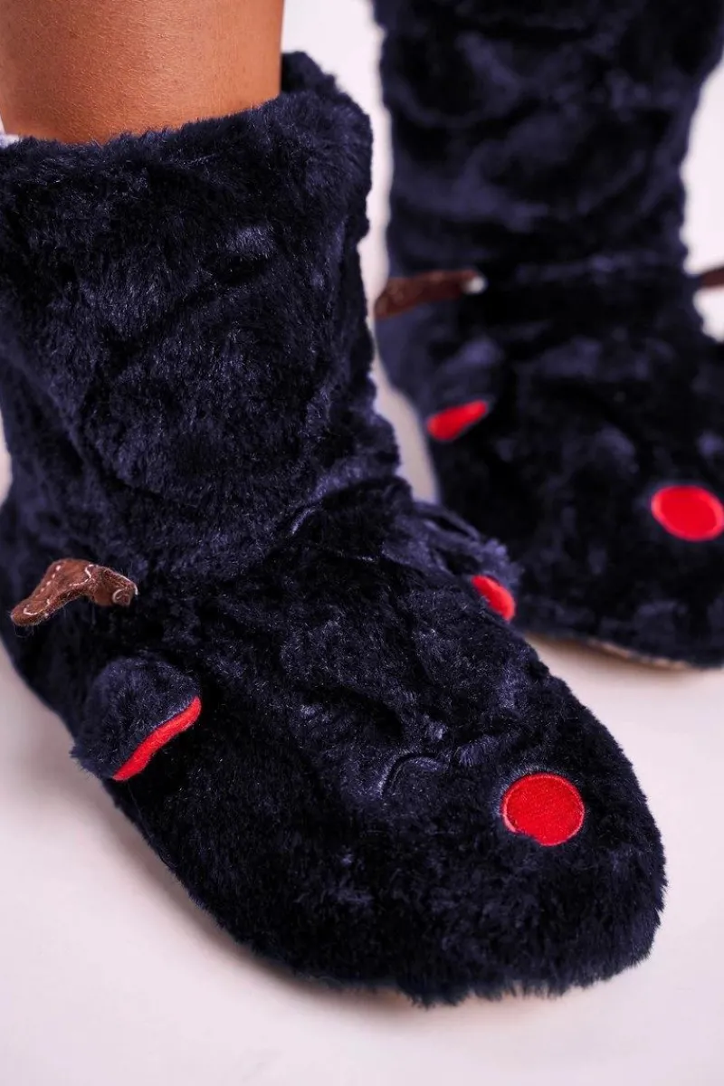 New Świąteczne Papcie Z Reniferem Ocieplone Kożuszkiem Granatowe Rudolph Damskie Kapcie Klasyczne