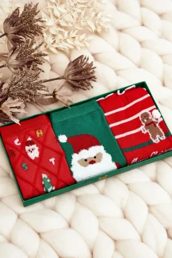 Skarpetki|Skarpetki>Aura.via Świąteczny Zestaw Młodzieżowych Skarpet 3-Pak Czerwony