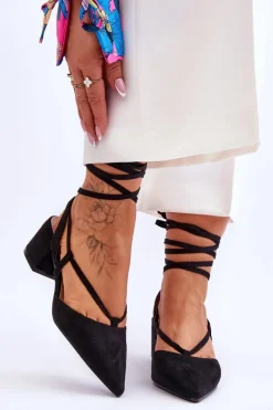 Best Boto Wiązane Czółenka Na Niskim Słupku W Szpic Czarne Carlotte