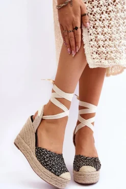 Best Wiązane Damskie Sandały Na Koturnie Czarne Josephine Damskie Sandały Na Koturnie