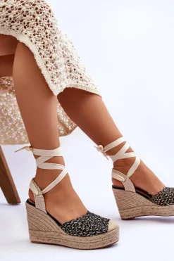 Best Wiązane Damskie Sandały Na Koturnie Czarne Josephine Damskie Sandały Na Koturnie