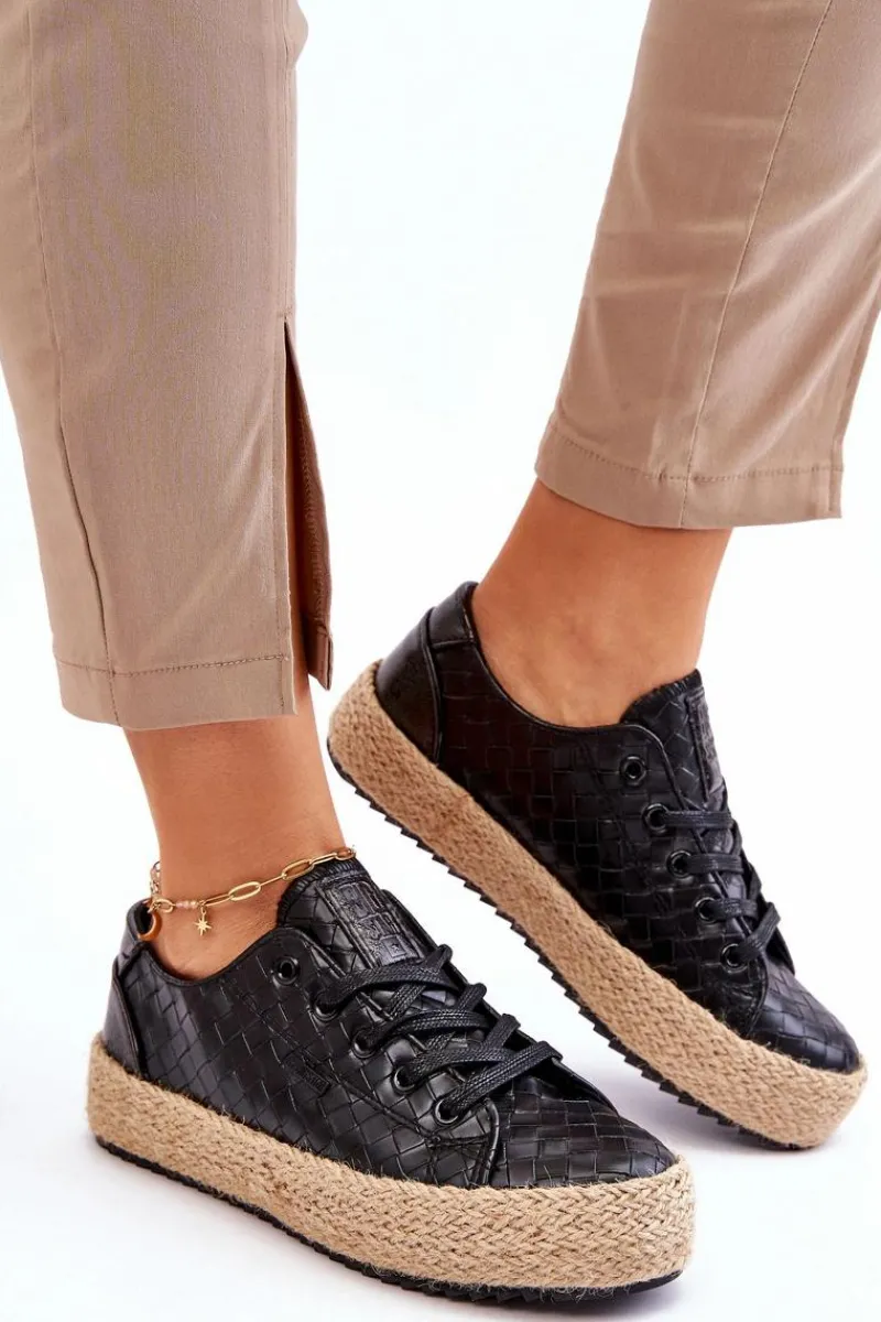 Sale Wiązane Espadryle Na Plecionej Platformie Big Star JJ274396 Czarne Damskie Czarne Espadryle
