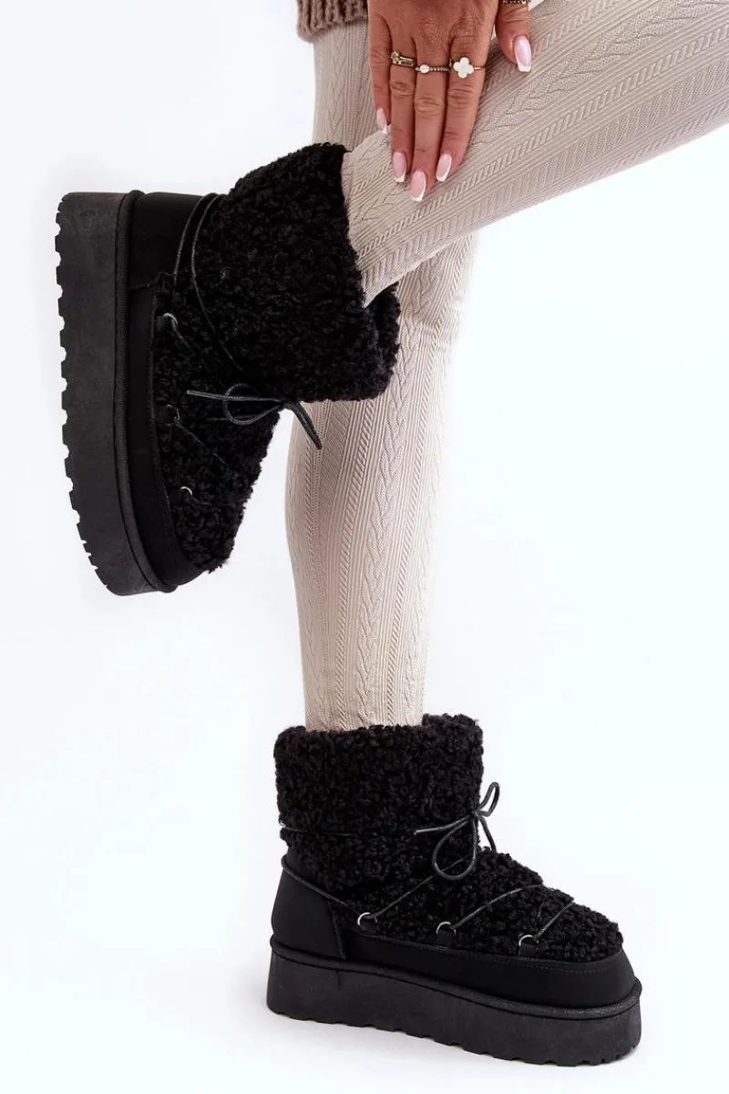 Śniegowce Damskie>Boto Wiązane Śniegowce Damskie Na Grubej Podeszwie Czarne Loso Czarny