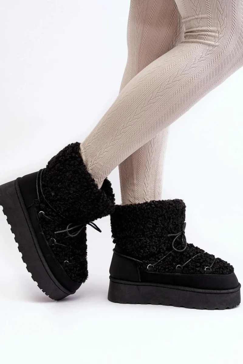 Śniegowce Damskie>Boto Wiązane Śniegowce Damskie Na Grubej Podeszwie Czarne Loso Czarny