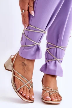 Best Wiązane Sandałki Japonki Na Obcasie Złote Secret Love Damskie Sandały Na Obcasie