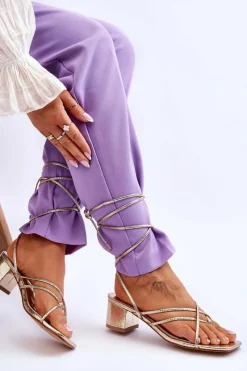 Best Wiązane Sandałki Japonki Na Obcasie Złote Secret Love Damskie Sandały Na Obcasie