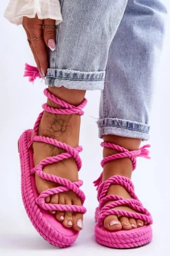 Hot Wiązane Sandałki Na Masywnej Platformie Różowe Can't Wait Damskie Sandały Płaskie