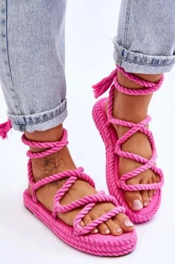 Hot Wiązane Sandałki Na Masywnej Platformie Różowe Can't Wait Damskie Sandały Płaskie