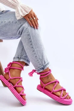 Hot Wiązane Sandałki Na Masywnej Platformie Różowe Can't Wait Damskie Sandały Płaskie