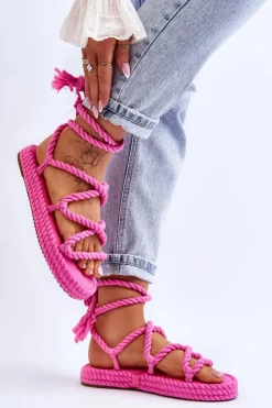 Hot Wiązane Sandałki Na Masywnej Platformie Różowe Can't Wait Damskie Sandały Płaskie