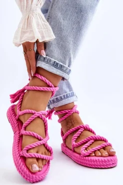 Hot Wiązane Sandałki Na Masywnej Platformie Różowe Can't Wait Damskie Sandały Płaskie