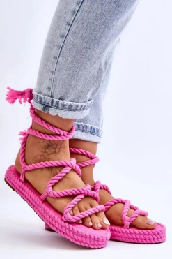 Hot Wiązane Sandałki Na Masywnej Platformie Różowe Can't Wait Damskie Sandały Płaskie
