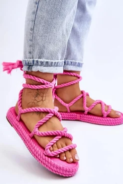 Hot Wiązane Sandałki Na Masywnej Platformie Różowe Can't Wait Damskie Sandały Płaskie
