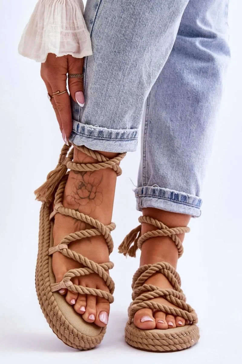 Hot Wiązane Sandałki Na Masywnej Platformie Ciemnobeżowe Can't Wait Damskie Sandały Płaskie