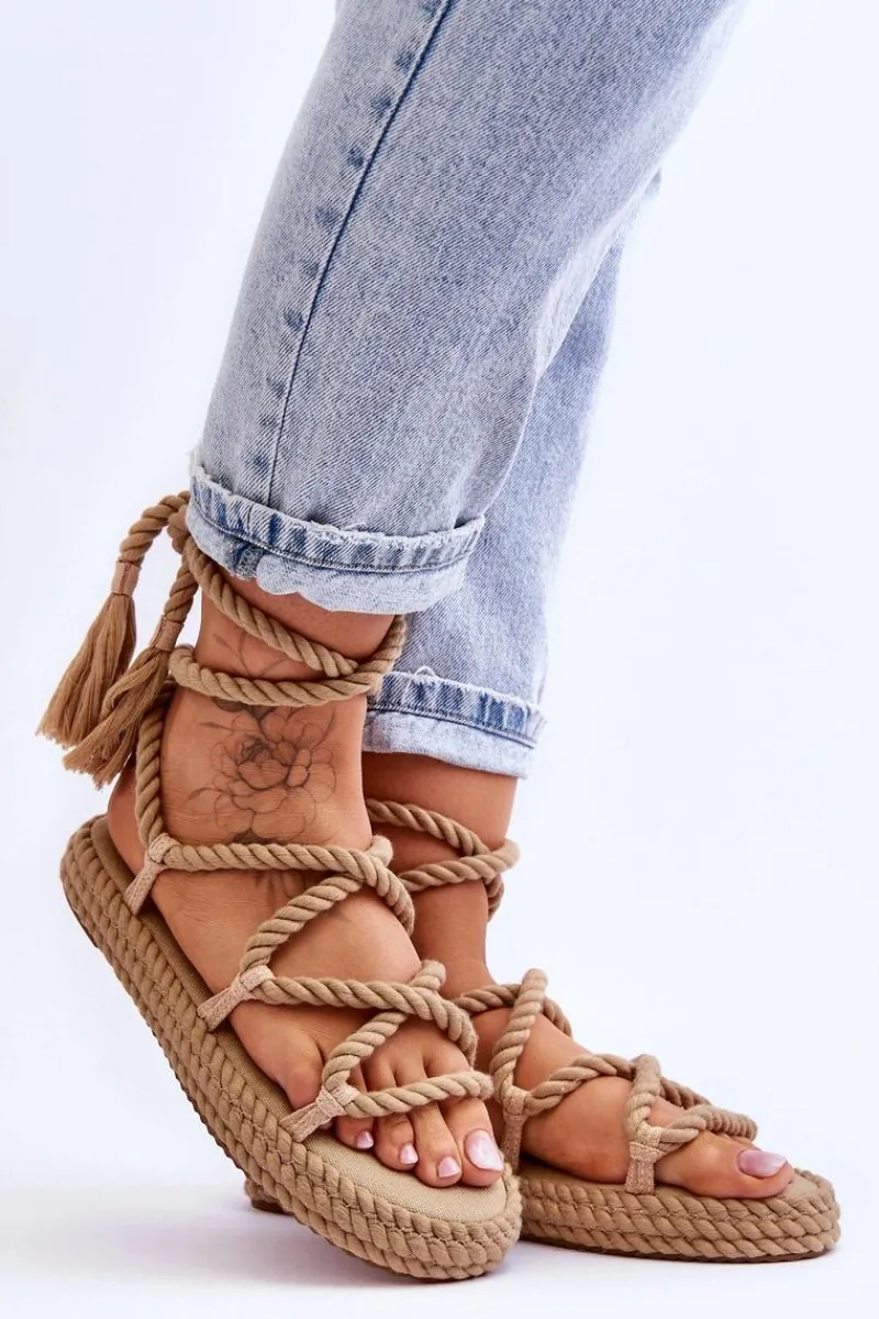 Hot Wiązane Sandałki Na Masywnej Platformie Ciemnobeżowe Can't Wait Damskie Sandały Płaskie